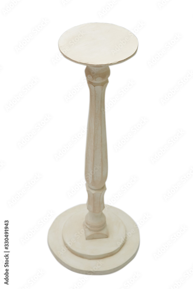 Beautiful high stand for vases made of natural wood, painted white. Isolated.