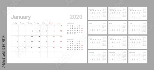 Wall calendar template for 2021 year. Planner diary in a minimalist style. Week Starts on Monday. Set of 12 Months. Ready for print.