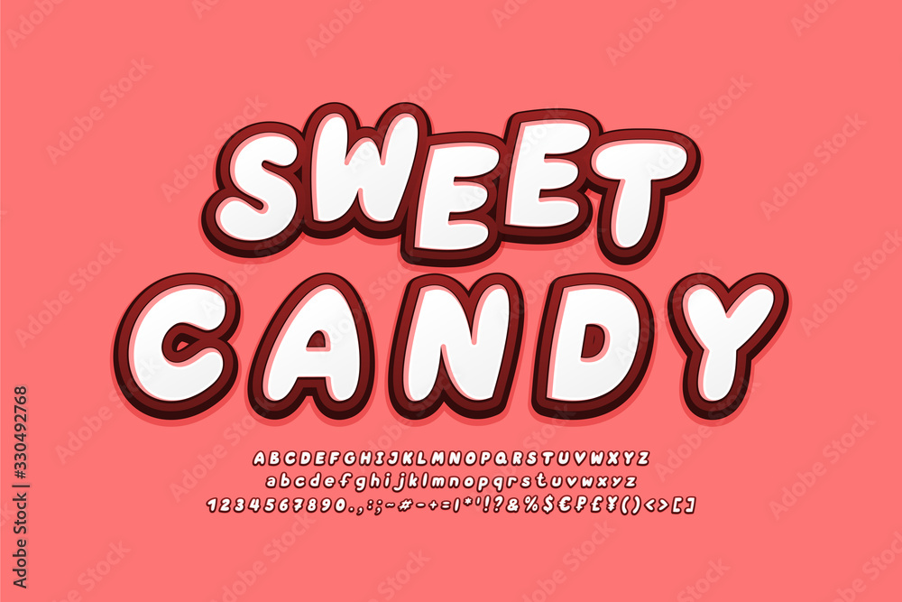 Sweet candy alphabet 3d fonts white red colors. Bold Italic typeface, uppercase and lowercase letters, numbers, symbols. Vector illustration