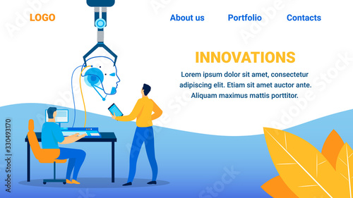 Innovations Lettering Flat Cartoon Banner Template with Place for Ad Text. Vector Illustration of Team Working on Computer, Programming and Coding Cyber Mind. Development and Implementation Process