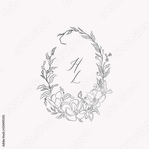 line drawing vector floral wreath, oval frame with hand drawn magnolia flowers, branches, leaves, plants, herbs. Botanical illustration. Leaf logo. Wedding invitation, monogram