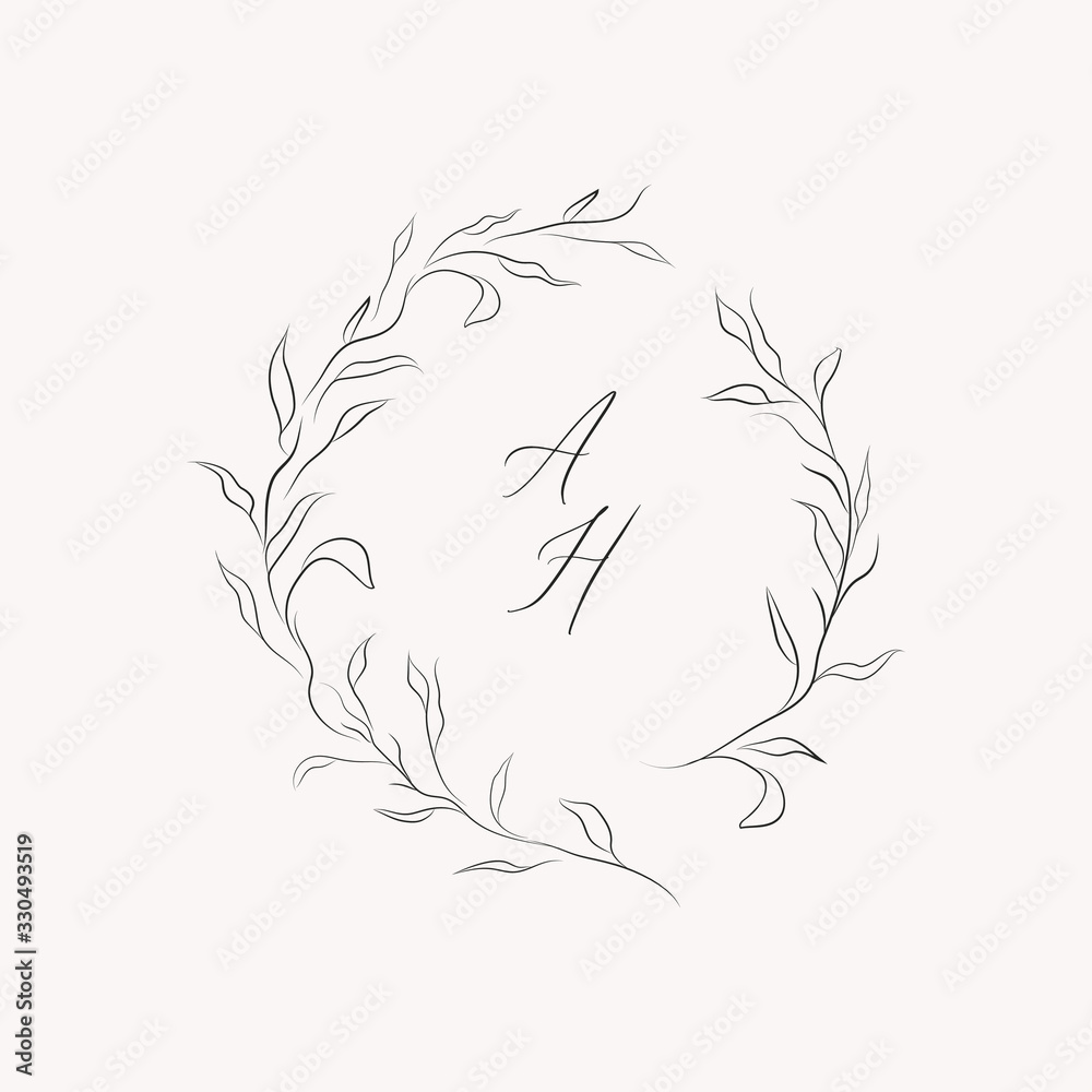 line drawing vector floral wreath, frame with hand drawn flowers, branches,  leaves, plants, herbs, laurels. Botanical illustration. Leaf logo. Wedding  invitation, monogram Векторный объект Stock | Adobe Stock