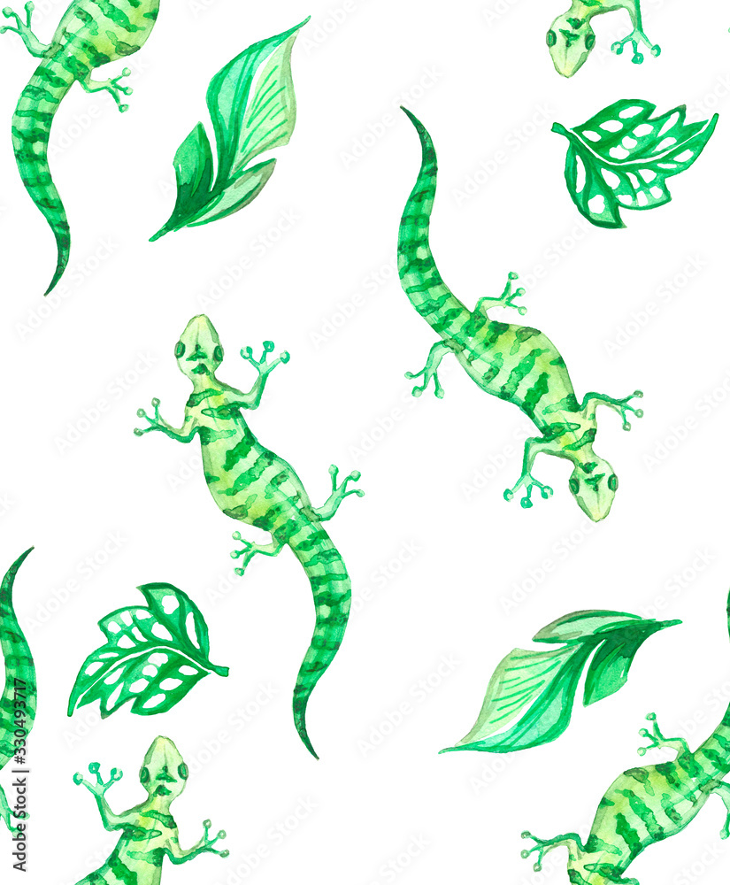 Obraz premium Watercolor seamless pattern with cute lizards. Ideal for baby decor