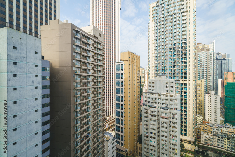 Exterior of modern residential buildings in Hong Kong, China