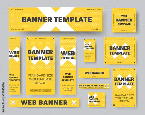 Set of yellow vector web banner templates with white cross and black text.