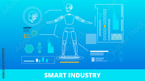 Smart Industry Lettering Banner. Robot with AI and Different Function. Robotization System. Cybernetic Artificial Intelligence. Future Technologies for Smart Factory. Vector Infographic Illustration.