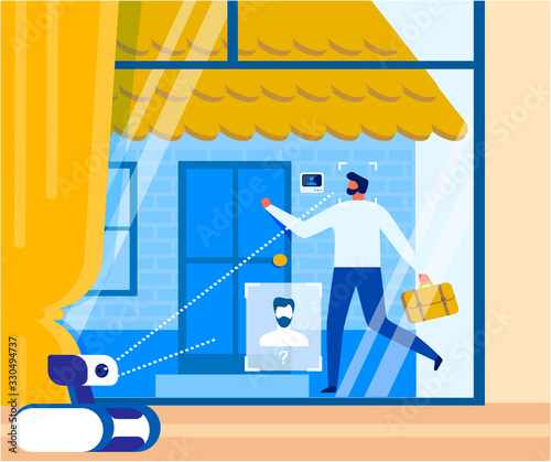 Robot Scanning and Determining Person Identity. Cartoon Man Knocking Door. Flat Robotic Video Surveillance Security Machine at Work. Home Protective System. Smart House. Vector Futuristic Illustration