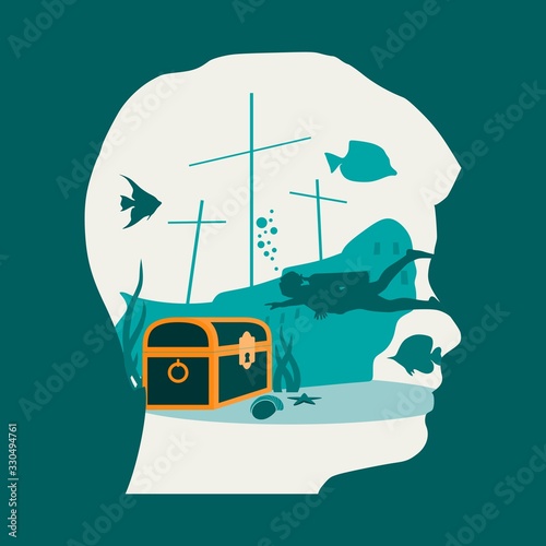 Silhouette of diver. Underwater world background. Double exposure portrait of young man and underwater landscape with sunken ship and treasure chest. Marine life and scientific bathyscaphe