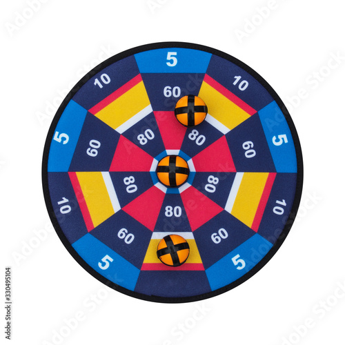 Velcro darts and balls. Kids Dart Board Game. Colorful target board isolated on white background..