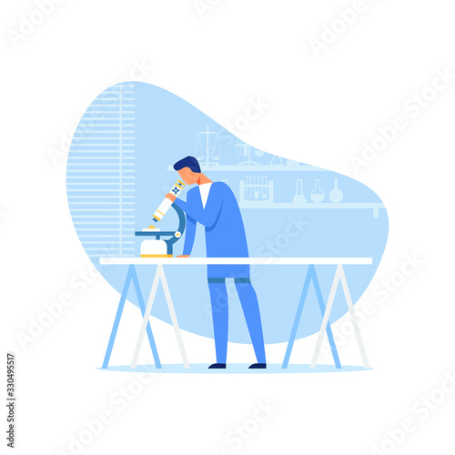 Cartoon Male Scientist Doing Research Work. Man Researcher Using Microscope for Examining New Drugs Composition under Zoom. Flat Vector Chemical Pharmaceutical Laboratory Cutout Illustration