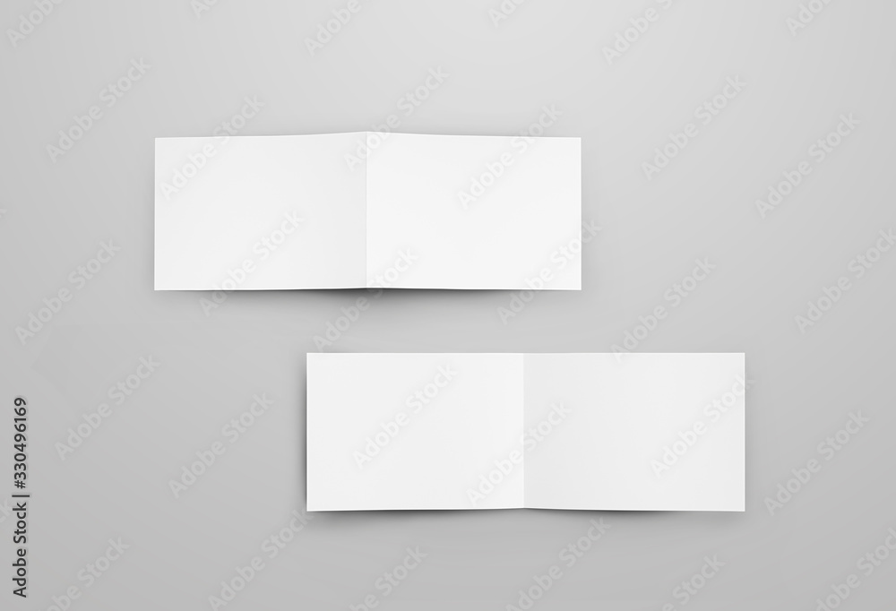 Mockup of two horizontal open bifolds with realistic shadows. White blank brochure for design presentation. Mockup of two horizontal open bifolds with realistic shadows. White blank brochure for design presentation.