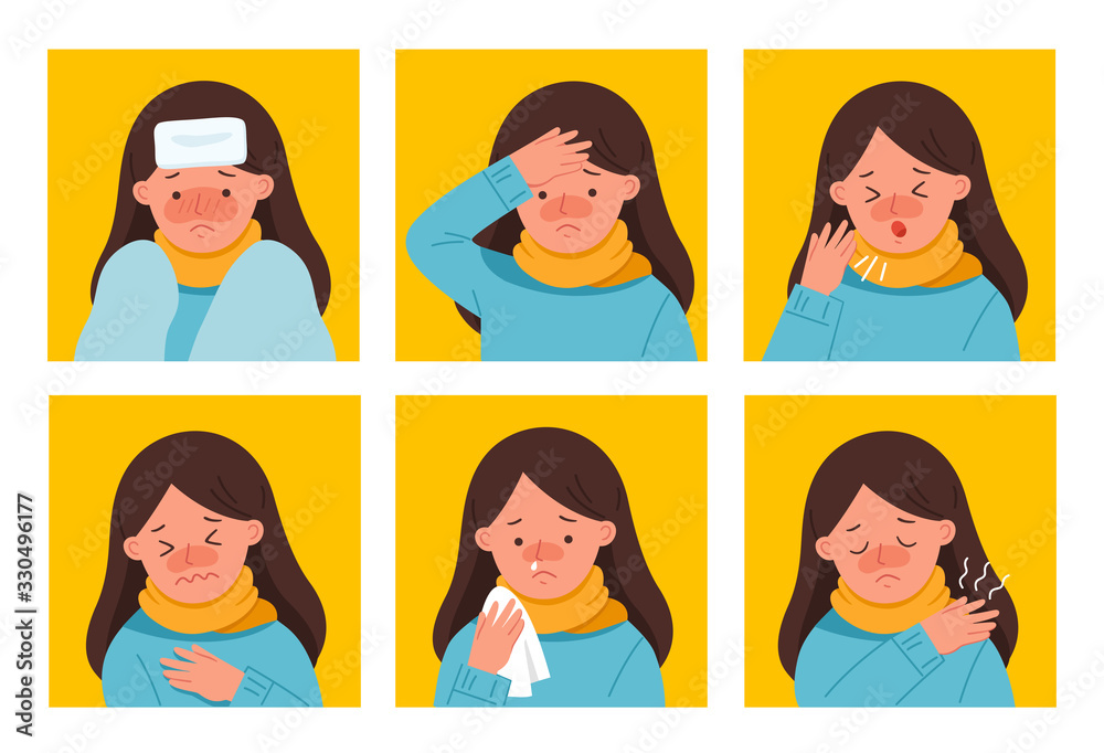 Set Symptoms of woman get sick. She is coughing, fatigue and suffering