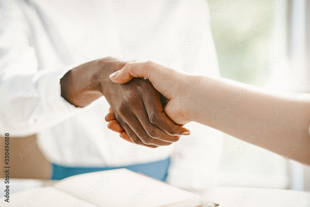 Close Up Of Female Handshake, Caucasian And African Women In White Shirts Are Shaking Their Hands In Agreement, Female Business Concept, Toned Image