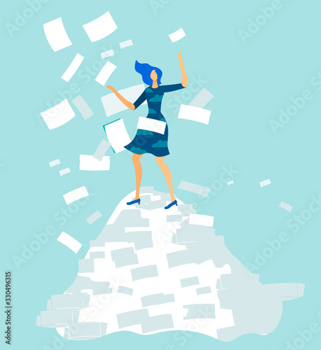 Cartoon Overworked Woman Office Worker Standing on Document Pile under Paper Avalanche Rain. Tired Female Employee in Stress. Deadline, Information Overload. Vector Busy Clerk Flat Illustration