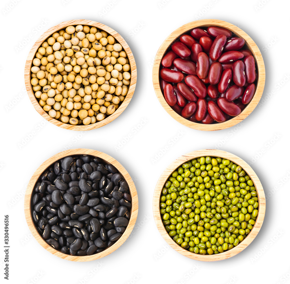 Collection of mix bean ( red kidney, green mung, black bean, soy beans ) in wooden bowl isolated on white background. Top view. Flat lay. Collection of mix bean ( red kidney, green mung, black bean, soy beans ) in wooden bowl isolated on white background. Top view. Flat lay.