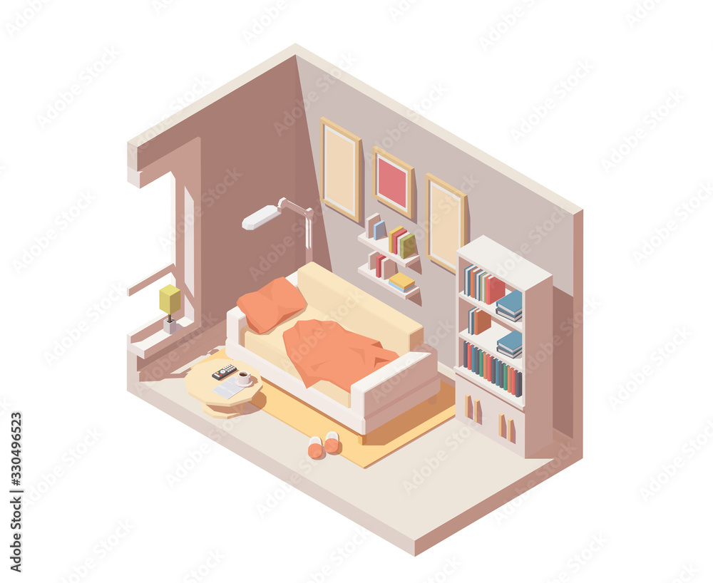 Vector Isometric room interior icon. Illustration includes sofa, bookshelf, table n others room furniture and equipment. Isolated on white. Vector Isometric room interior icon. Illustration includes sofa, bookshelf, table n others room furniture and equipment. Isolated on white.