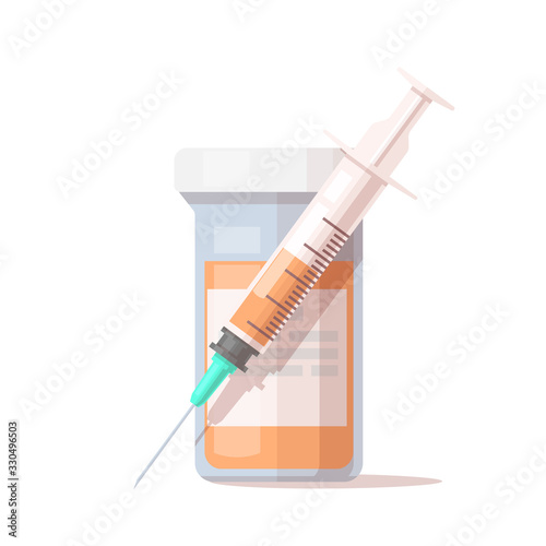 Vaccination concept. Vector flat syringe and bottles of vaccine. Isolated on white.