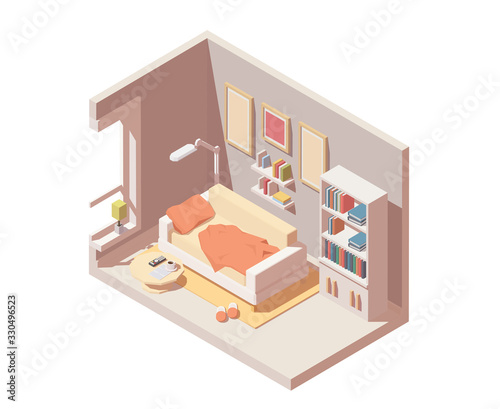 Vector Isometric room interior icon. Illustration includes sofa, bookshelf, table n others room furniture and equipment. Isolated on white.