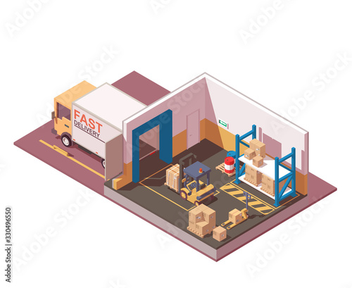 Vector isometric warehouse . Illustration include delivery truck, pallets, boxes, forklift and pallet jack. Storage icon. Isolated on white.