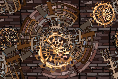 Abstract industrial illustration with fictional gearwheels and abstract details of machines featuring retro technology or steampunk concept. Hand drawn.