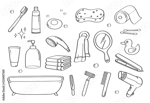 Cute doodle bathroom accessories cartoon icons and objects.