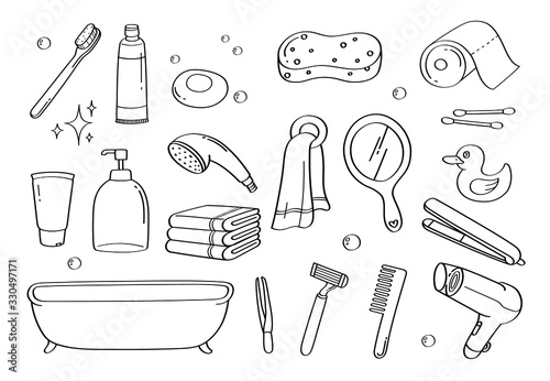Cute doodle bathroom accessories cartoon icons and objects.