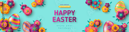 Easter horizontal banner with ornate eggs and paper cut flowers on blue background. Vector illustration. Place for your text. Greeting card trendy design or invitation template
