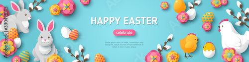 Happy Easter Blue Horizontal Banner. Vector Illustration. Spring Holiday Background, Place for Text. Flat Icons - Chicken, Rabbit, Flowers and Colorful Eggs