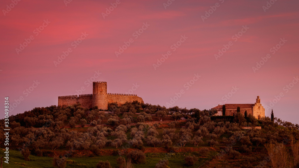 Castle of Alameda Del Parral seen in pink evening light