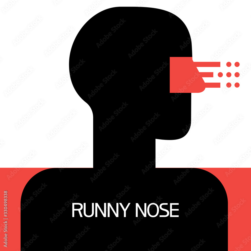Runny nose.Icon. Illustratively-graphic poster of red, white and black color, flat, two-dimensional. Runny nose.Icon. Illustratively-graphic poster of red, white and black color, flat, two-dimensional.