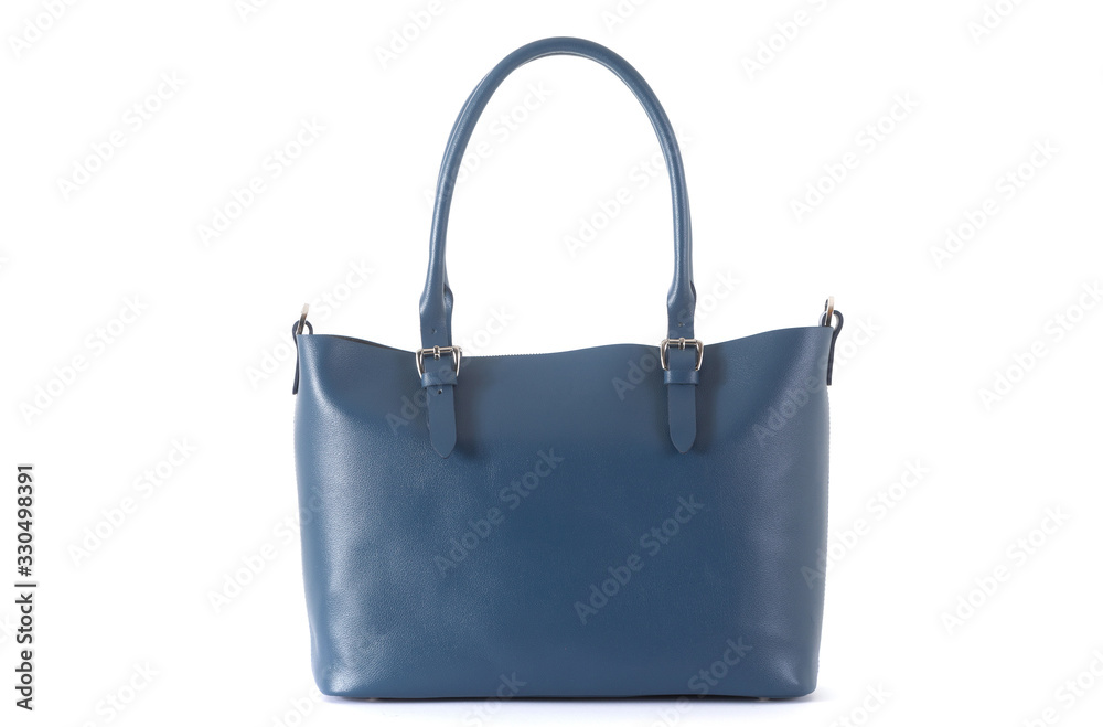 leather female blue bag on the handle on a white background leather female blue bag on the handle on a white background