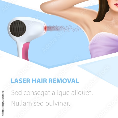 Armpit Epilation, Hair Removal Square Banner, Woman Holding Arm Up and Showing Clean Underarms with Working Laser Epilator. Beauty Salon Skin Care Procedure Poster. 3D Vector Realistic Illustration