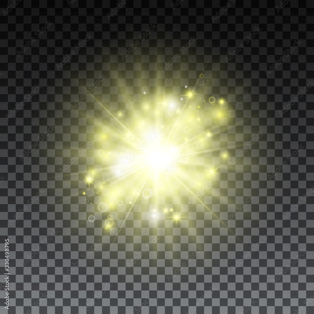 Yellow light rays on transparent background. Flash, sparkles. Flares. Vector illustration.