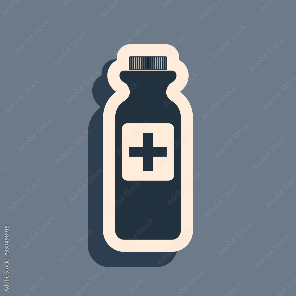 Black Medicine bottle icon isolated on grey background. Bottle pill sign. Pharmacy design. Long shadow style. Vector Illustration Black Medicine bottle icon isolated on grey background. Bottle pill sign. Pharmacy design. Long shadow style. Vector Illustration