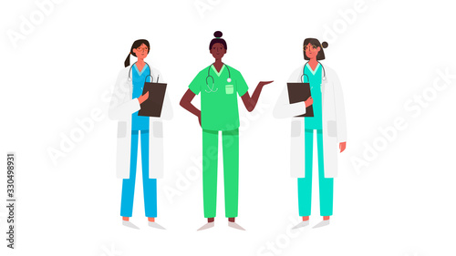 Set of female doctors characters. Medical team concept in vector illustration design. Medical staff doctor nurse therapist surgeon professional hospital workers, group of medics.
