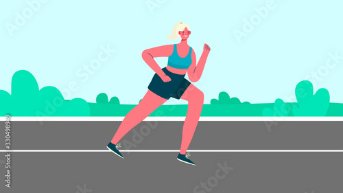 Woman dressed in sportswear running through park. Morning jogging. Active and healthy lifestyle. Sports competition, outdoor workout or exercise, athletics. Flat cartoon colorful vector illustration.
