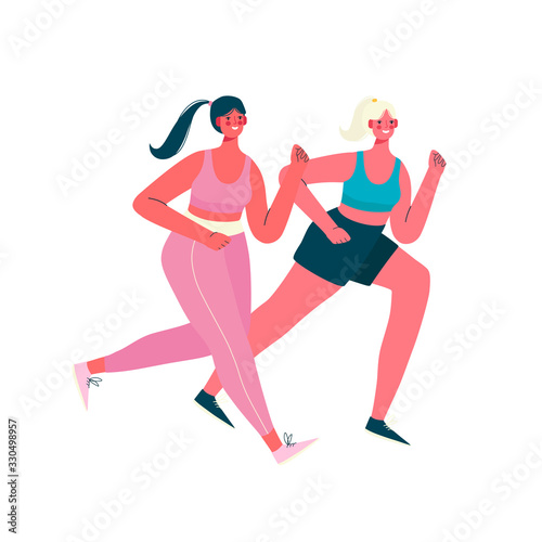 Running women dressed in sportswear isolated on a white background.Morning jogging. Active and healthy lifestyle. Sports competition, outdoor workout or exercise, athletics. Flat vector illustration.