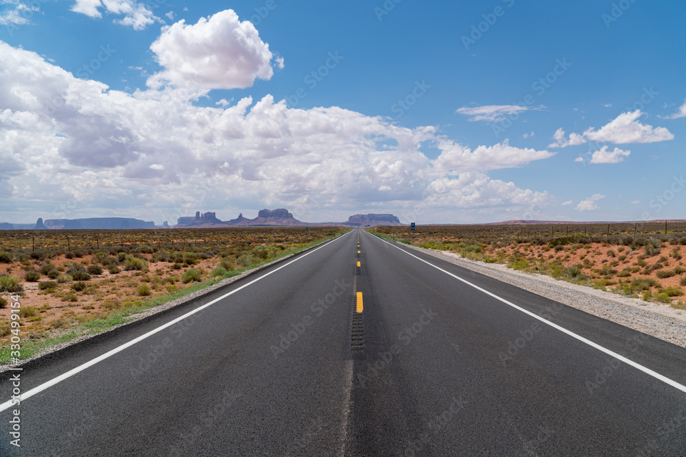 Fototapeta premium Endless straight road in America on a sunny day with a few clouds