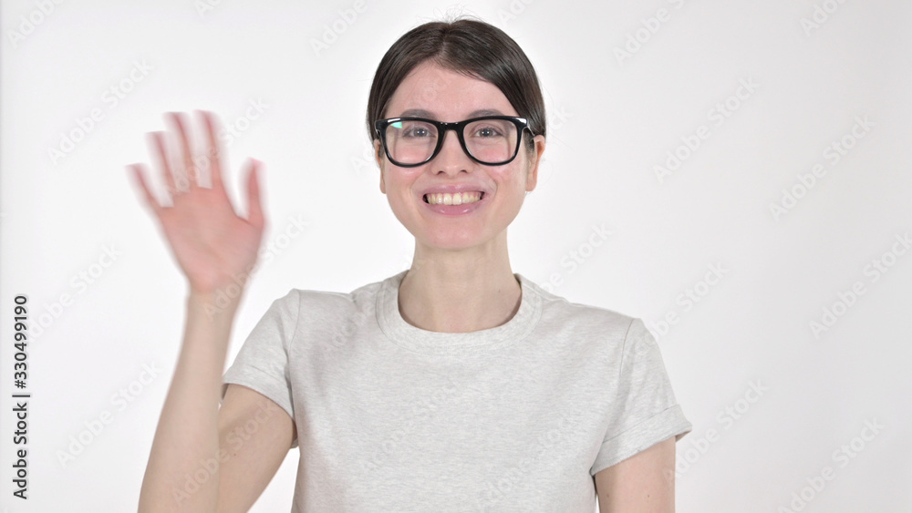The Young Woman Waving Hand at Camera on White Background