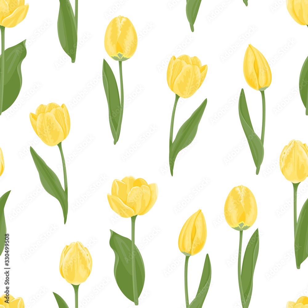 custom made wallpaper toronto digitalYellow tulips seamless pattern. Vector floral background with spring flowers. Cartoon illustration of bright beautiful flowers with green leaves and stems isolated on white. Cartoon flat style.