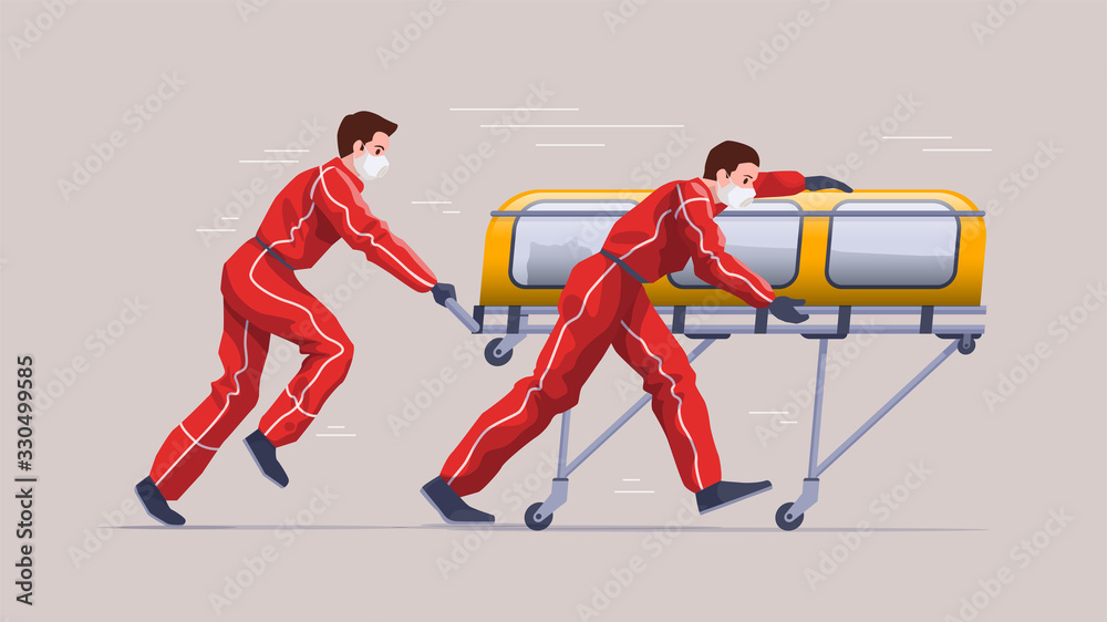 Obraz premium Paramedic workers is taking patient to the hospital with full protection suit from virus outbreak.