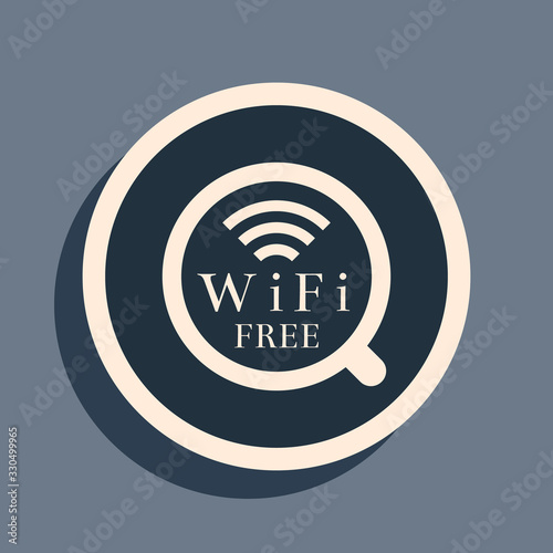 Black Cup of coffee shop with free wifi zone icon isolated on grey background. Internet connection placard. Long shadow style. Vector Illustration