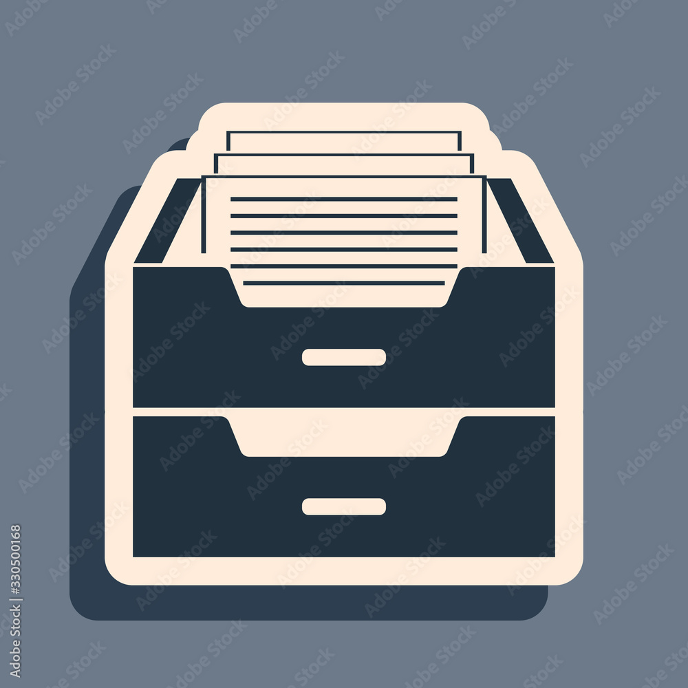 Black Drawer with documents icon isolated on grey background. Archive papers drawer. File Cabinet Drawer. Office furniture. Long shadow style. Vector Illustration Black Drawer with documents icon isolated on grey background. Archive papers drawer. File Cabinet Drawer. Office furniture. Long shadow style. Vector Illustration