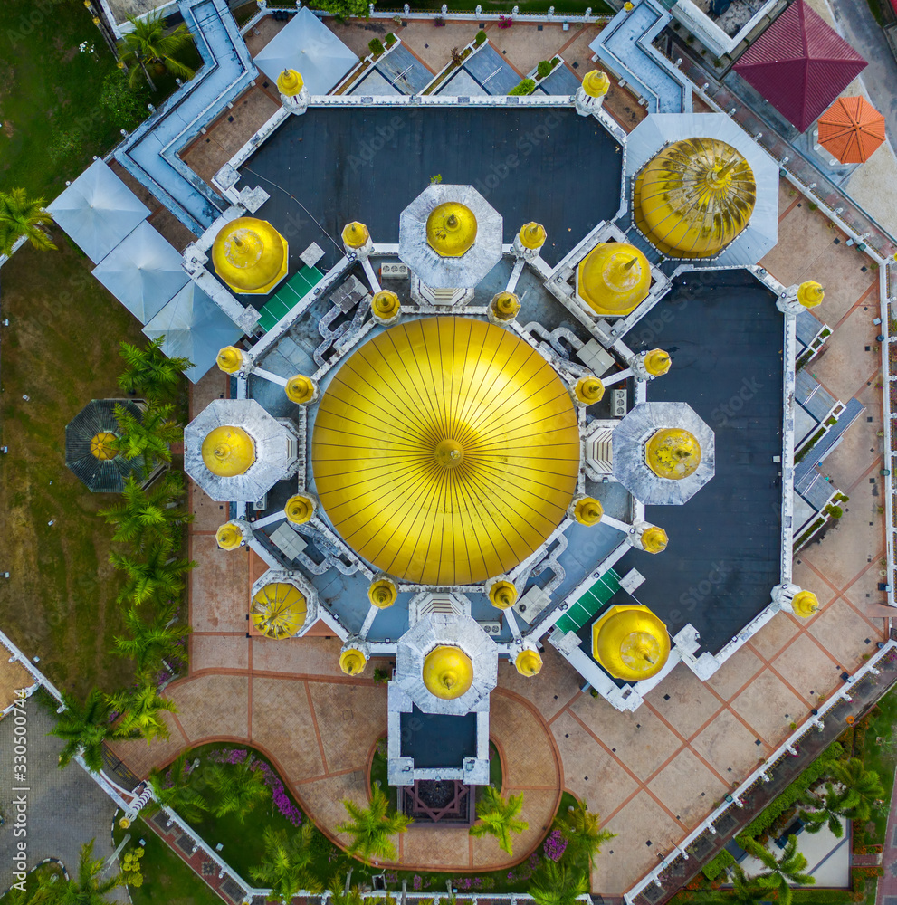 Aerial view of the beautiful Ubudiah Mosque in Kuala Kangsar, Perak, Malaysia.