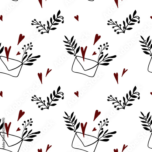 Seamless pattern of vector drawings in doodle style. Letters, branches and hearts isolated on white background. Cute linear sketches for wrappers, textiles, wallpapers, postcards.