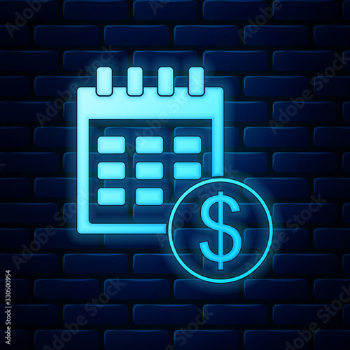Glowing neon Financial calendar icon isolated on brick wall background. Annual payment day, monthly budget planning, fixed period concept, loan duration. Vector Illustration