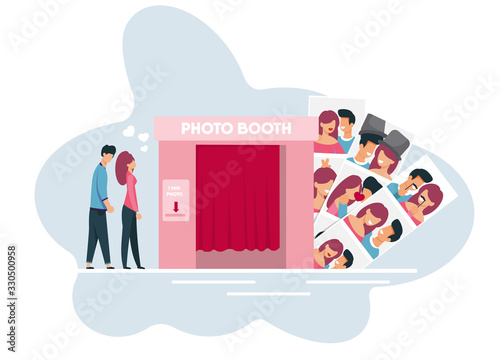 Young Family Members Waiting their Turn to Photo Booth. Married Man and Woman Going to Do Funny Shot. Flat Cabin for Taking Pictures and Different Photography with Happy Lovers. Vector Illustration