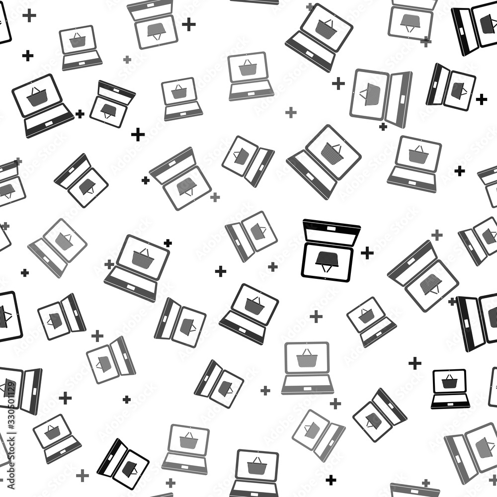 Black Shopping basket on screen laptop icon isolated seamless pattern on white background. Concept e-commerce, e-business, online business marketing. Vector Illustration