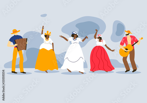 Poster Invitation to Dance and Music Event Cartoon. Women in Traditional National Dress Dance to Music. Men Play Musical Instruments. Vector Illustration. Dance and Folk Music, Flat.