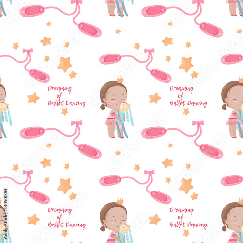 Seamless pattern of the girl in the tutu skirt hugs her stitched rabbit toy among stars and pointes
